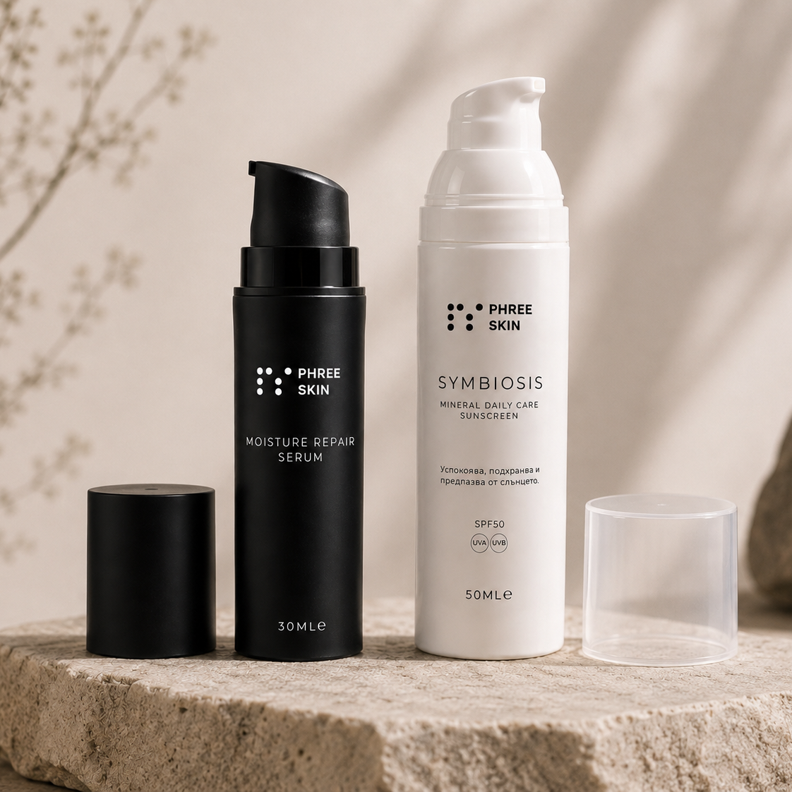 Two skincare products from Phree Skin displayed on a stone slab: a black pump bottle of Moisture Repair Serum and a white pump bottle of Symbiosis Mineral Daily Sunscreen, with their caps and a clear spray bottle beside them.