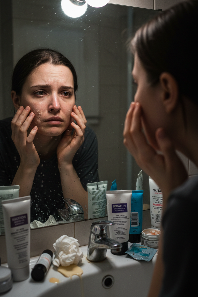 Emotional breakdown at mirror