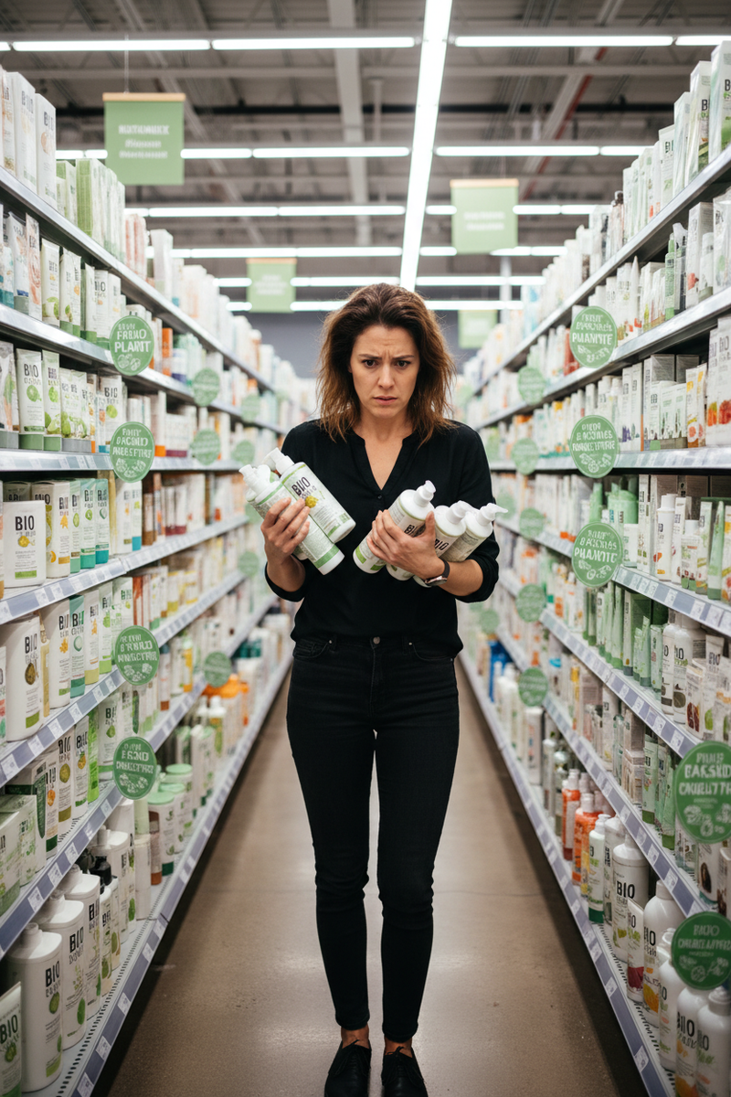 Woman confused by misleading bio cosmetics products