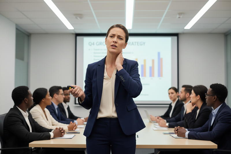 Woman struggling with itchy skin during corporate presentation
